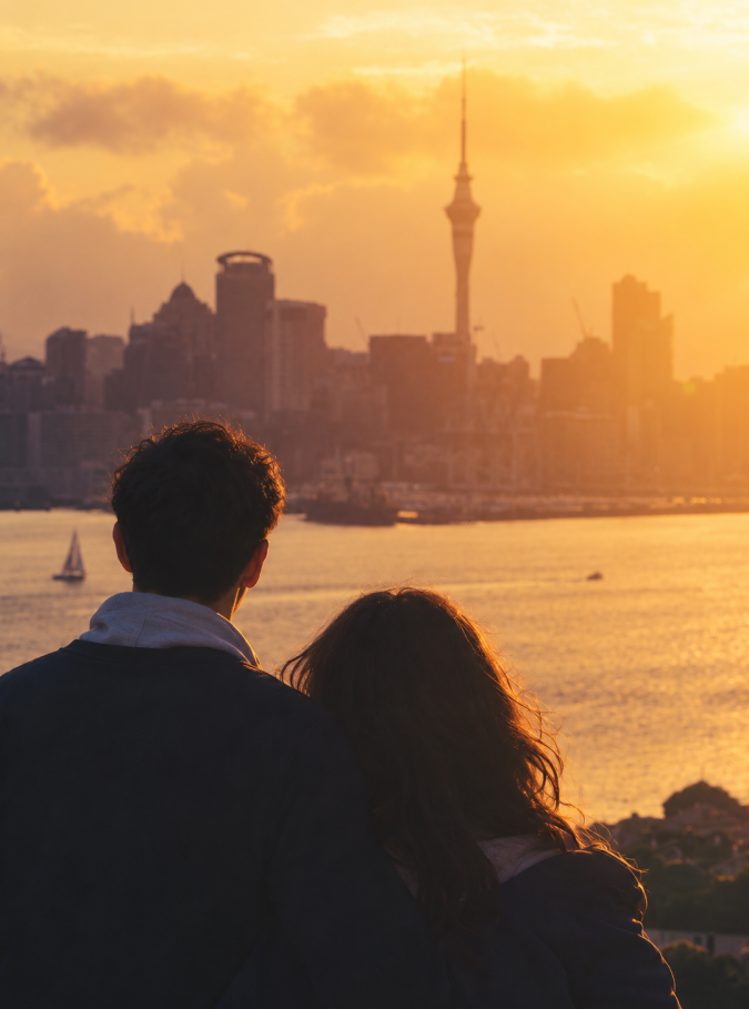 Young Couple Overlooking a Golden Cityscape